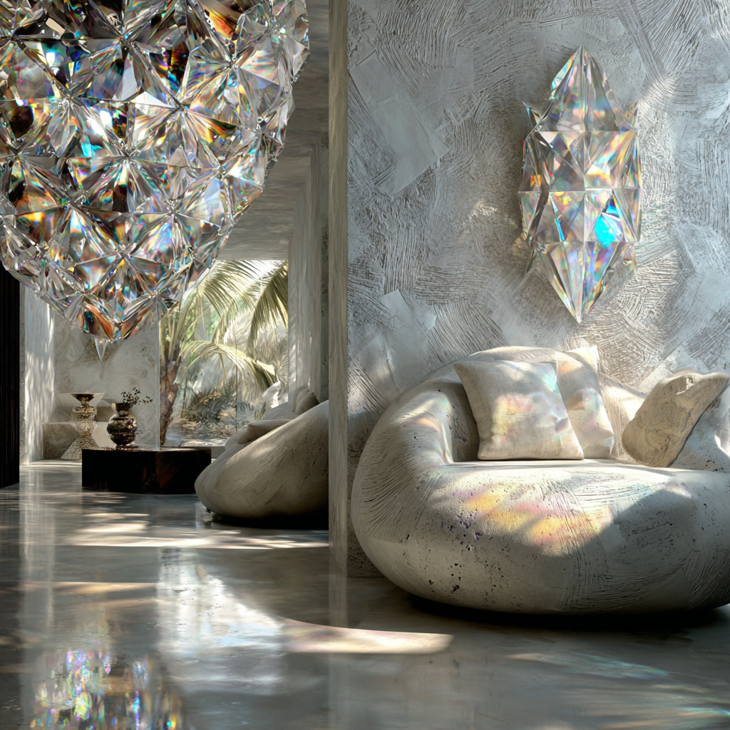 luxury African minimalist living room with diamond-inspired accents, clean architectural lines, reflective glass and crystal elements, diamond-cut chandelier casting prism light across the room, neutral palette (diamond white, soft black, platinum, subtle iridescence), African sacred geometry subtly integrated into wall textures or decor, polished stone floors, low structured seating, intentional negative space, soft natural light mixed with refracted light beams, calm and elevated atmosphere,