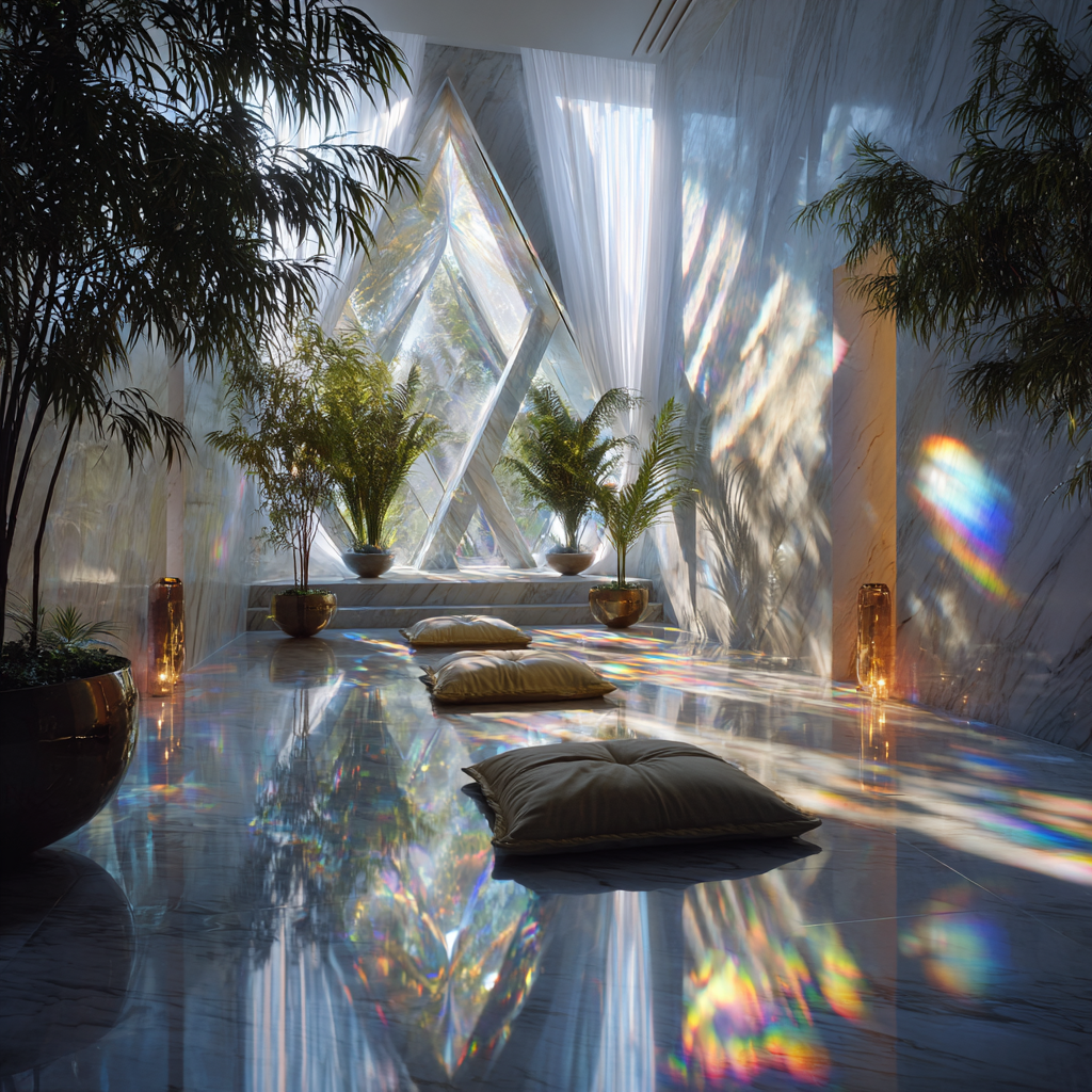 African-inspired sacred meditation room designed with diamond energy, minimalist layout with symmetrical geometry, central crystal or diamond-like installation reflecting light, sheer white fabrics, glass, and polished surfaces, soft glowing iridescent lighting, sacred geometry floor patterns, low meditation seating or cushion, subtle presence of plants for grounding, quiet ethereal atmosphere, light beams refracting into rainbow prisms across the space, high contrast light and shadow, spiritual luxury design