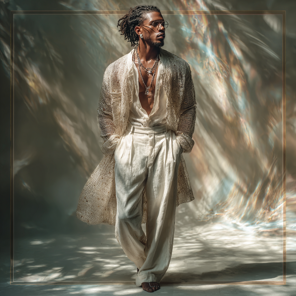 African American man with locs, wearing structured boho-lux attire blending tailoring and flow (cream linen trousers, open textured shirt, layered neutral tones), subtle diamond chain and ring, standing upright with quiet authority, strong grounded posture, clean minimal background with reflective surfaces, hints of African geometric symbolism embedded in environment, soft diamond-like light refractions across his body, neutral palette (white, platinum, soft gold), cinematic lighting, high detail skin texture, modern spiritual leader aesthetic,