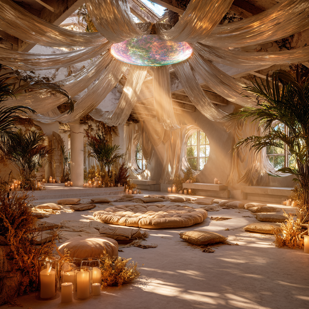 African boho meditation sanctuary designed for Soul Star Chakra activation, open airy space with high ceilings, soft white and opalescent color palette with hints of gold, central meditation cushion beneath a skylight beam of light, opal crystals arranged in sacred geometry formation above and around the space, sheer flowing fabrics suspended from ceiling, candles, incense, and minimal altar styling, indoor plants and soft white flowers, glowing halo-like light effect above meditation area, serene, divine, otherworldly atmosphere,