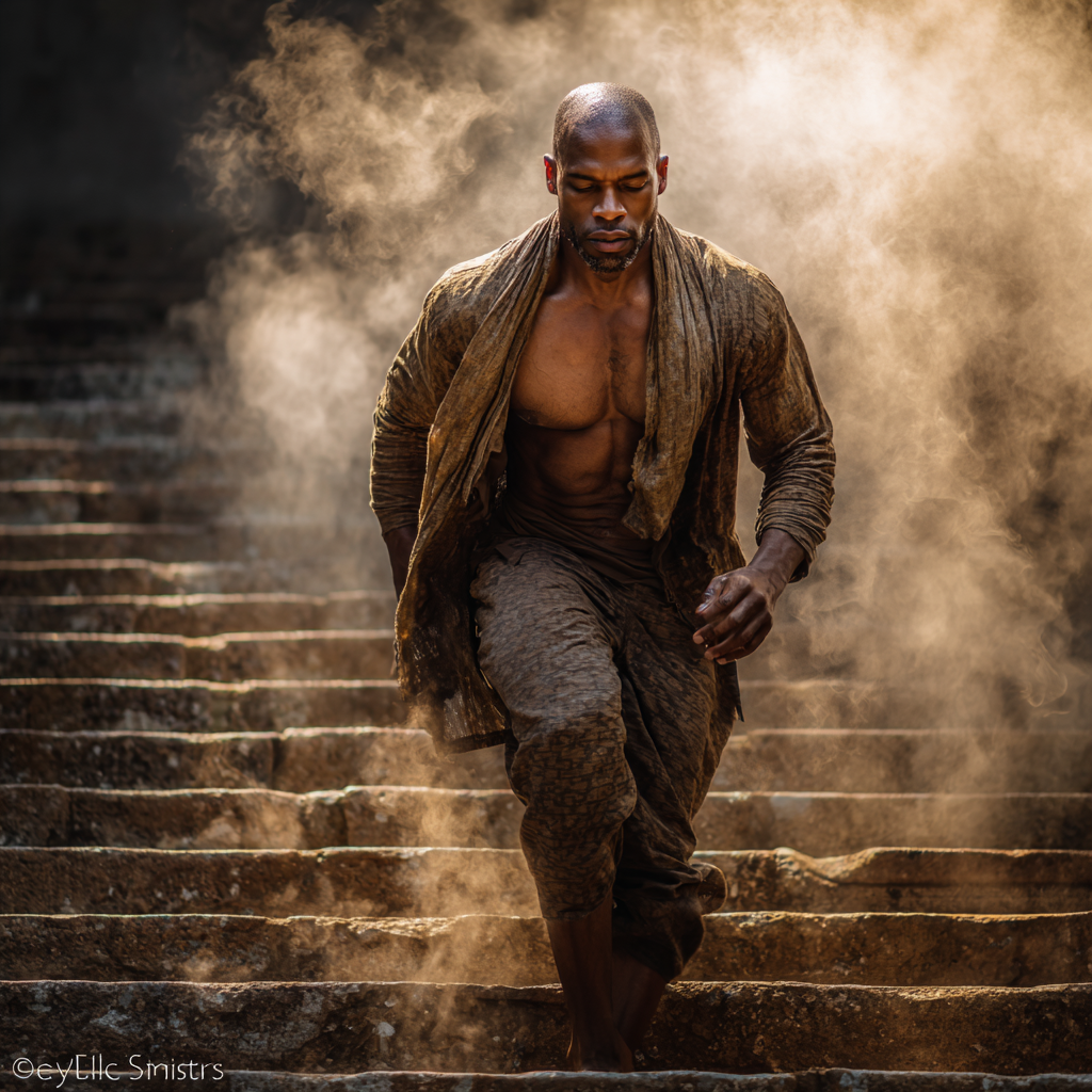 African American man climbing a long, steep stone staircase that disappears into mist, muscles engaged, expression focused and determined, wearing earth-toned modern boho clothing (structured, grounded fabrics), dramatic lighting with deep shadows, cinematic atmosphere, symbolic of struggle, discipline, and personal effort, sacred geometry subtly etched into the steps, fog above representing uncertainty