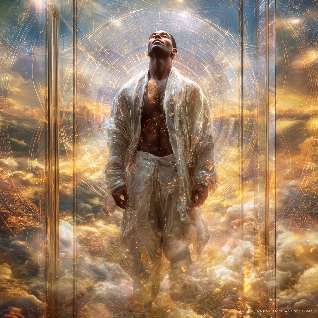 African American figure standing inside a transparent, glowing elevator rising into the sky above the clouds, surrounded by radiant white, gold, and opalescent light, expression serene and surrendered, eyes gently closed or looking upward in trust, wearing luminous minimalist clothing (white, gold, celestial tones), sacred geometry softly glowing around the elevator, atmosphere divine and expansive, symbolizing faith, trust, and surrender to higher guidance