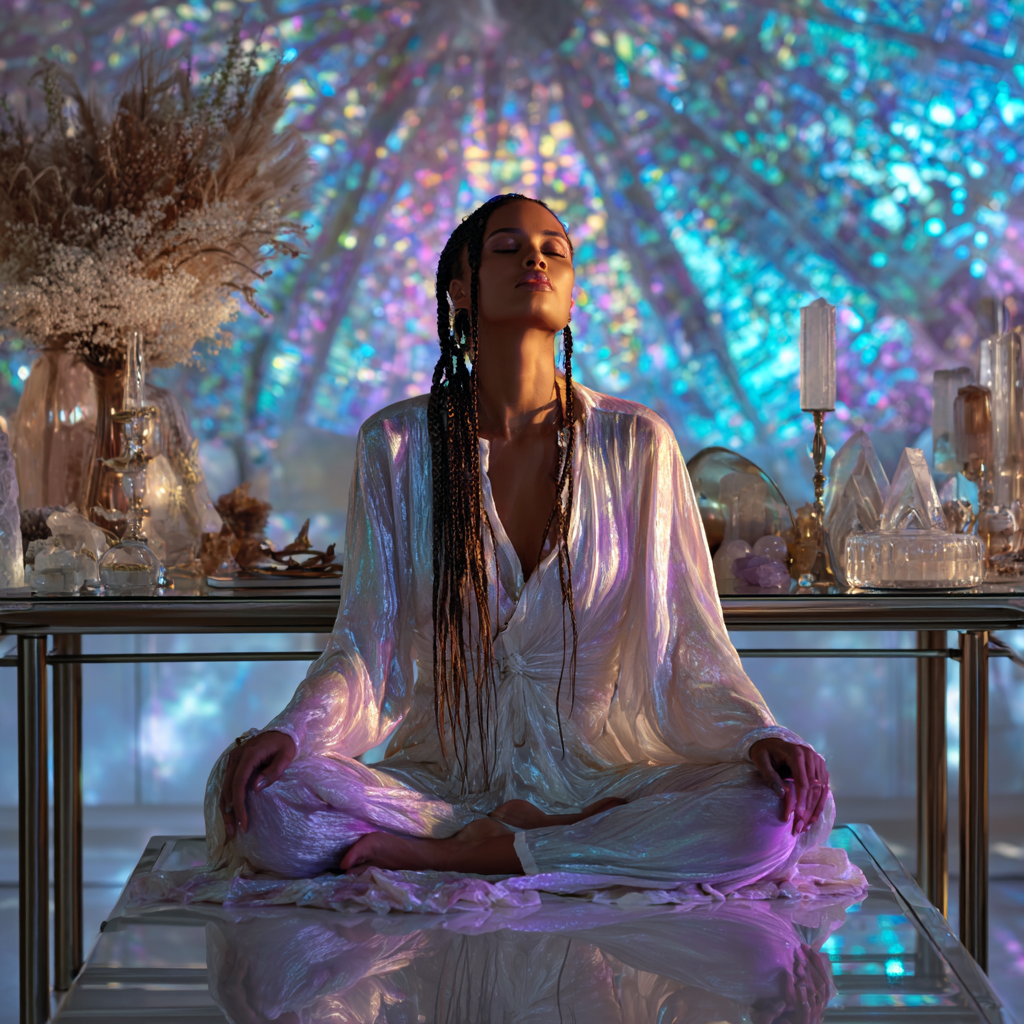 African American woman Reiki master seated in a Crown Chakra-aligned home office, African maximalist meets ethereal minimalism, violet • white • iridescent palette, long braided hair, dressed in flowing white and soft violet silk garments, surrounded by luminous decor, floating sheer fabrics, iridescent light reflections on walls, sacred altar with crystals and candles, sleek modern desk with minimal objects, glass and metallic accents, African sacred geometry subtly embedded in design, soft glowing halo-like lighting above, expansive, peaceful, transcendent atmosphere, luxury spiritual workspace,