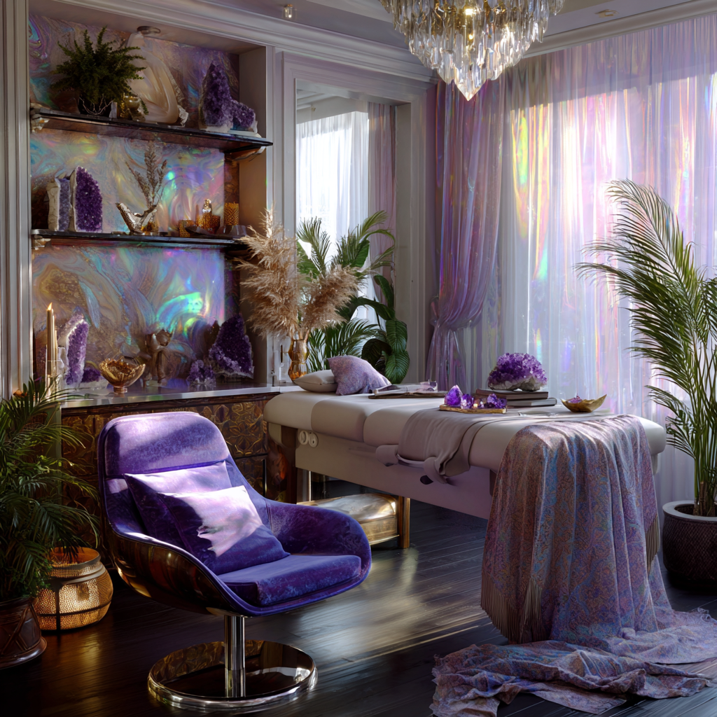 African maximalist home office integrated with a massage therapy space, Crown Chakra design, violet • white • iridescent light color palette, luminous white walls layered with soft violet undertones, sheer flowing curtains diffusing natural light, iridescent prisms casting rainbow reflections across the room, elegant massage table dressed in plush white linens with a soft violet silk throw, carved African wood desk with subtle Egyptian sacred geometry detailing, amethyst clusters, selenite towers, and clear quartz arranged intentionally on desk and shelves, layered African textiles in cream, lavender, and metallic thread, modern boho lounge chair in violet velvet, reflective chrome and soft silver accents, crystal chandelier scattering iridescent light, indoor plants for balance, glowing ambient lighting, serene, expansive, spiritual luxury workspace
