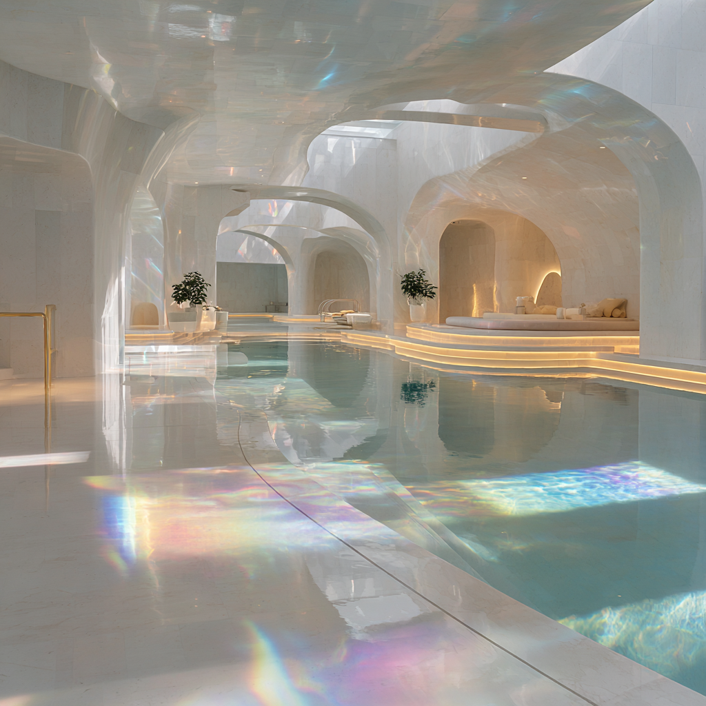 An African Minimalist luxury indoor spa pool, designed in a serene White, Gold, and Rainbow Iridescent chromotherapy palette, soft matte white stone walls with smooth organic curves, warm brushed gold accents on fixtures and architectural lines, a still reflective indoor pool glowing with subtle iridescent light reflections, prismatic rainbow light dancing across the water surface and walls, expansive open space with high ceilings, minimal African sacred geometry subtly carved into stone, soft diffused natural light streaming through large skylights, polished white floors with a luminous sheen, delicate gold inlays, tranquil spa atmosphere, a few sculptural African decor elements in white stone, faint mist above the water, ultra-clean minimalist composition, cinematic lighting, ethereal glow, high-end editorial luxury spa aesthetic, 8k resolution, soft shadows, depth of field, Pinterest viral style, calming, transcendent, no clutter, no people