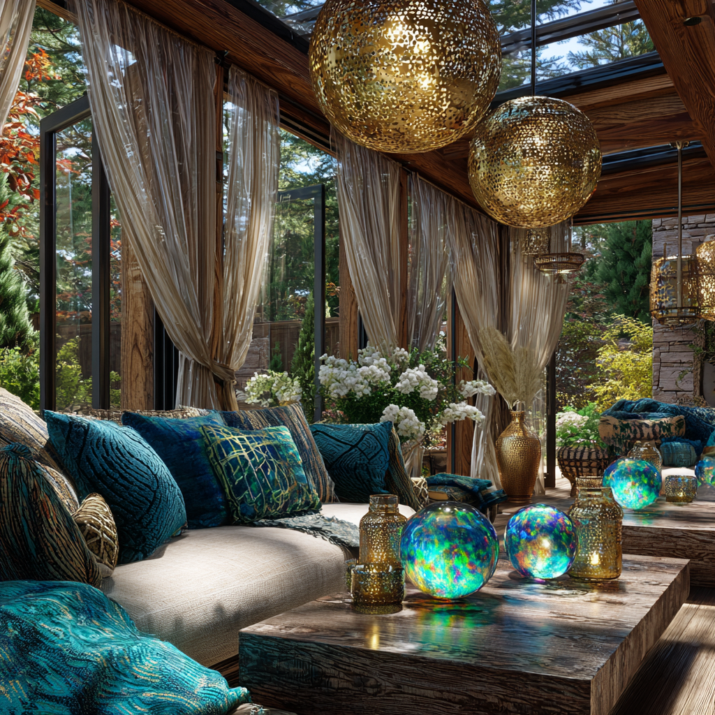 luxury African rustic enclosed sunroom patio deck, golden wood textures, white gold pendant lights, iridescent crystal bowls and reflective decor scattering rainbow light, celestial blue upholstered seating, sheer flowing curtains, glass ceiling panels, sunlight refracting across surfaces, layered textures of linen, wood, and stone, indoor-outdoor harmony, spiritual high-frequency aesthetic, African boho elegance, minimal yet luminous styling