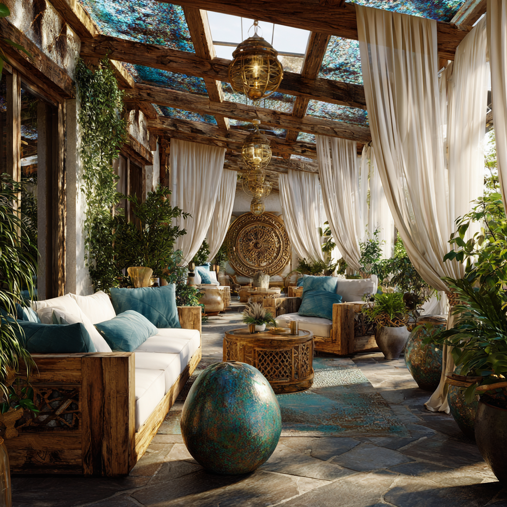 African rustic enclosed patio deck, floor-to-ceiling glass walls, warm reclaimed wood beams, natural stone flooring, soft white gold ambient lighting, iridescent glass decor catching sunlight, celestial blue linen cushions and flowing drapery, lush green plants in clay pots, open airy layout, soft glowing atmosphere, African-inspired carved wooden furniture, subtle sacred geometry accents, high-end boho rustic luxury, serene and expansive mood,
