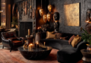 black, obsidian, iron, and warm gold tones living room