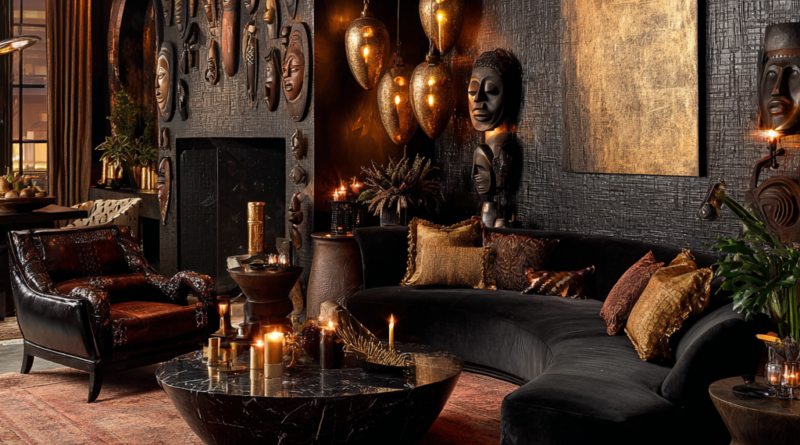 black, obsidian, iron, and warm gold tones living room