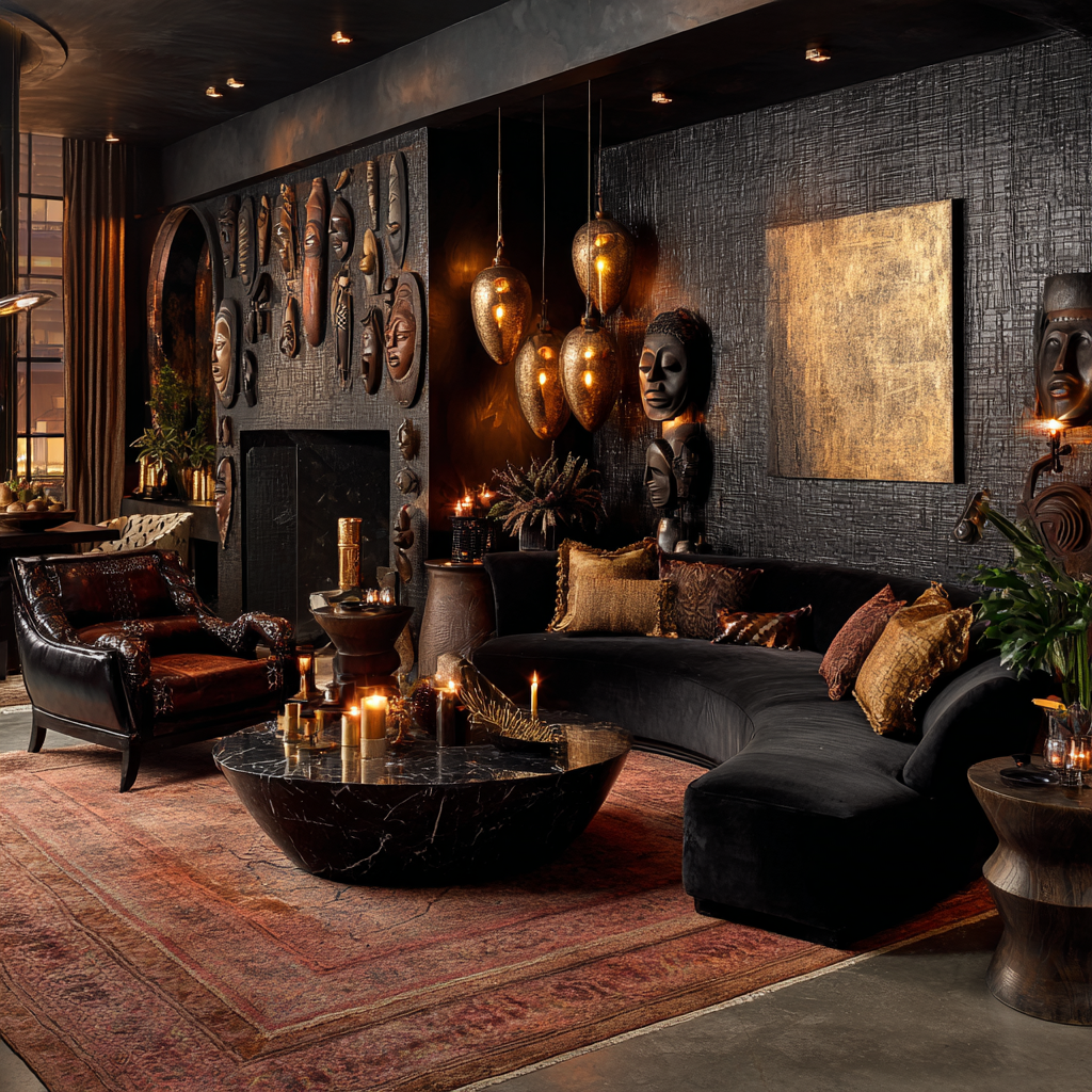 black, obsidian, iron, and warm gold tones living room
