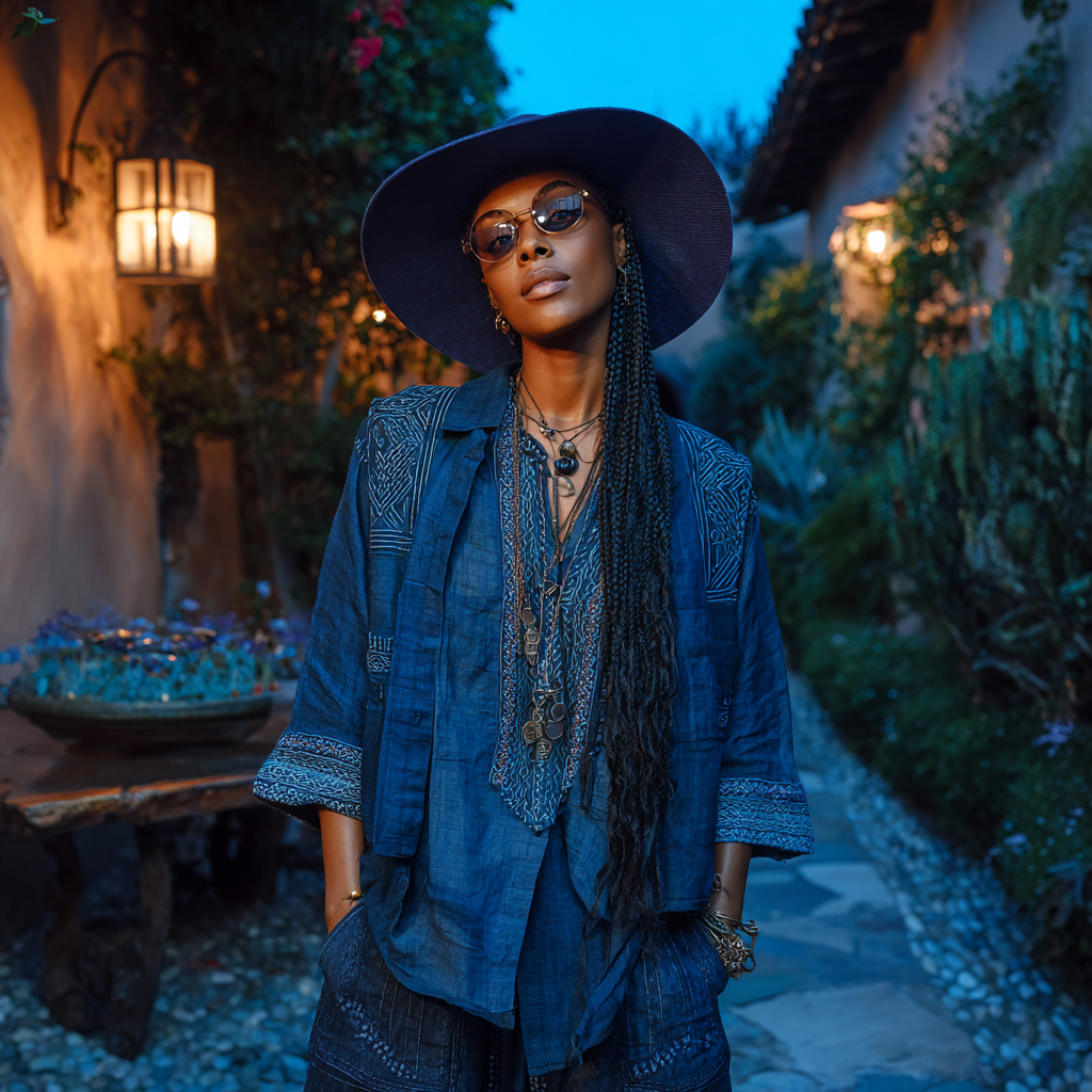 deep indigo denim jeans paired with an embroidered linen shirt and lightweight linen jacket