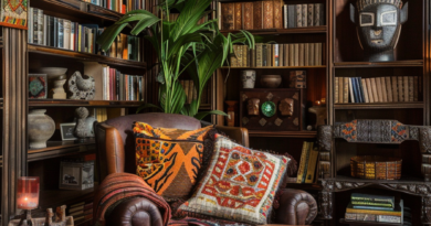 deep orange and amber African home library