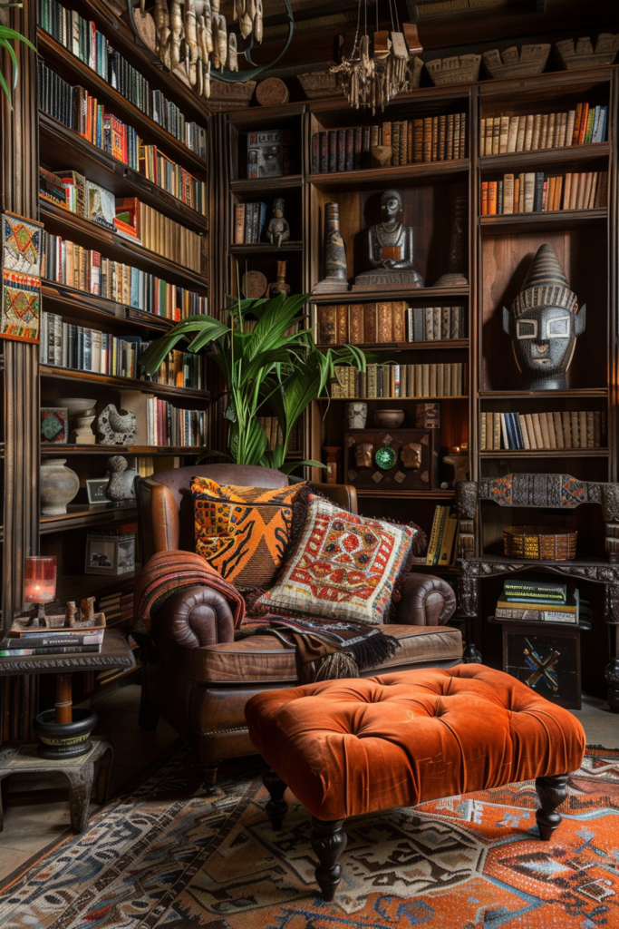 deep orange and amber African home library