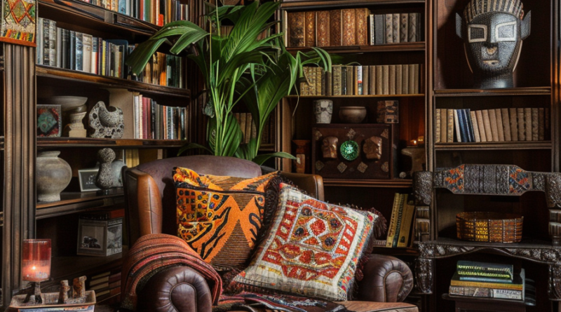 deep orange and amber African home library