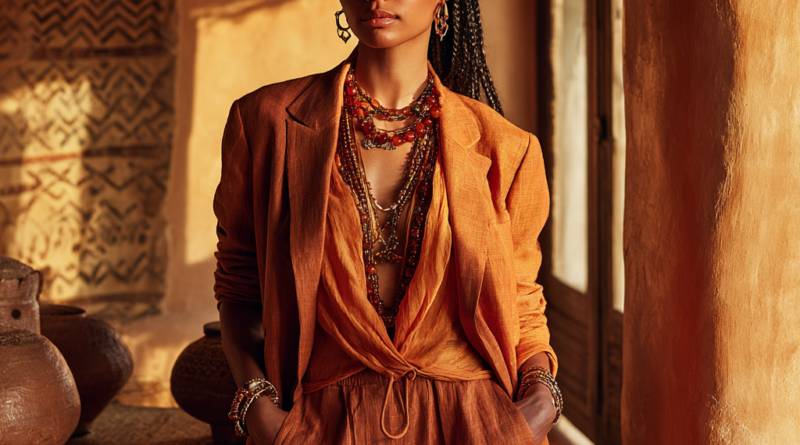 deep orange and burnt terracotta boho woman's linen suit