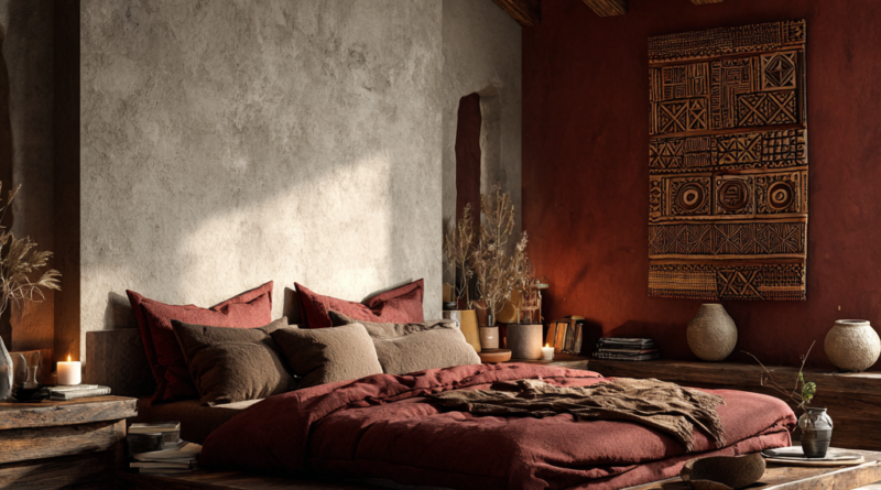 deep red and earth brown African Alpine Chic bedroom