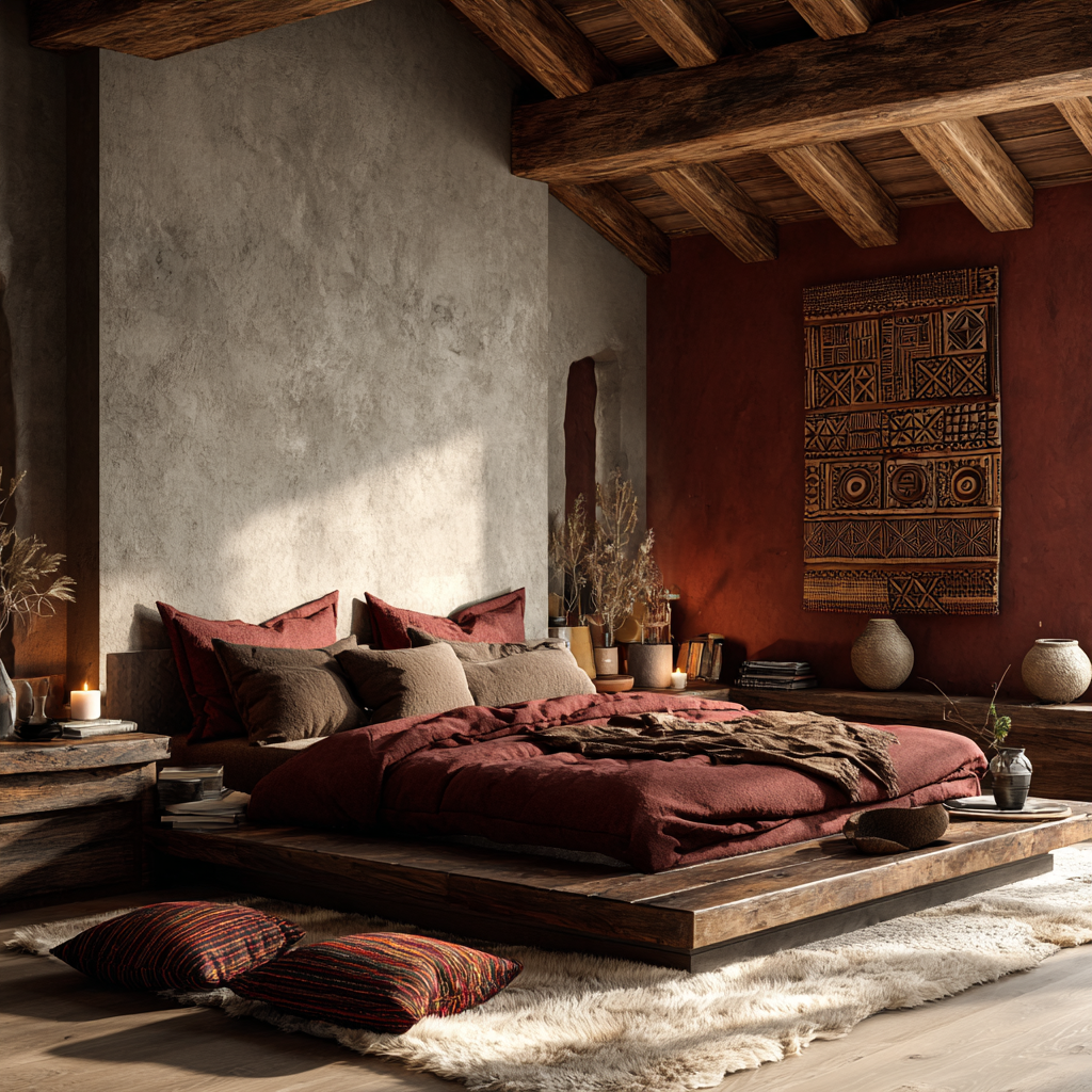deep red and earth brown African Alpine Chic bedroom