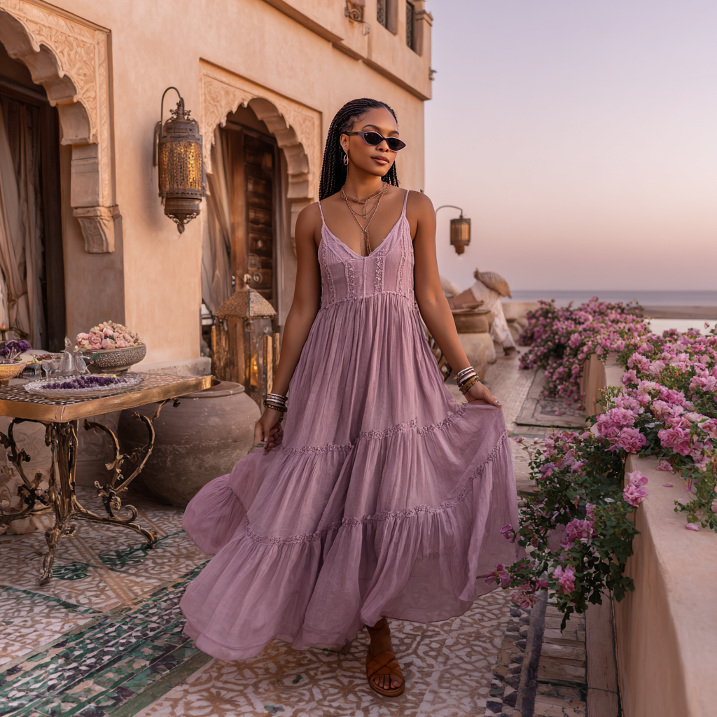 flowing tiered gauze midi dress with delicate spaghetti straps in luminous violet and soft white,