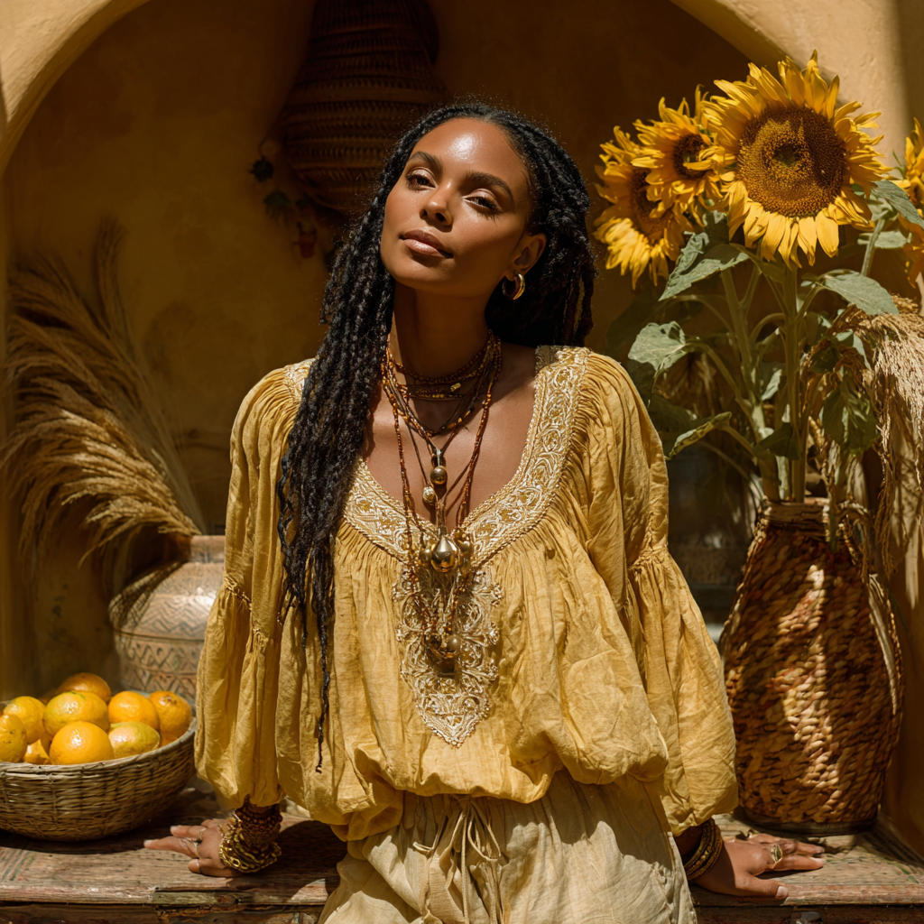 linen peasant top and pants in Yellow, gold