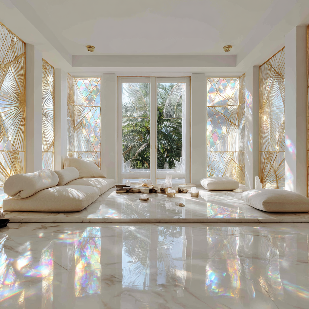 African Art Deco meditation room in a luminous White • Gold • Iridescent Light sanctuary, expansive and serene, flooded with natural light through floor-to-ceiling French doors opening to a soft tropical landscape, glowing stained glass panels in white, gold, and opalescent rainbow tones casting prismatic reflections across the room, bold African geometric Art Deco patterns with symmetrical sunburst motifs in brushed gold, polished white marble floors with subtle reflective sheen, layered textures of linen, silk, and sheer fabrics flowing gently, iridescent crystal decor (opal, selenite, clear quartz) catching light in soft rainbow hues, a central low meditation platform with plush cushions in ivory and soft gold, minimal yet luxurious styling, high ceilings, airy and sacred atmosphere, cinematic lighting, ultra-realistic, 8k, soft glow, depth of field, warm highlights, spiritual luxury aesthetic, editorial interior design photography