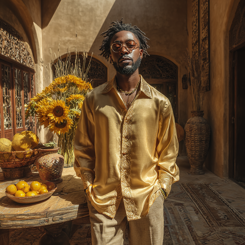 men's, boho inspired, luxurious silk shirt in radiant golden yellow paired with tailored wool trousers
