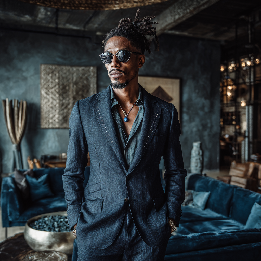 African American man in his early 30s standing confidently in a boho-style tailored wool suit in deep midnight blue, paired with a relaxed linen shirt in smoky silver