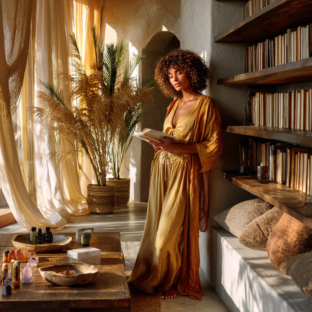 open African California Chic reading room filled with expansive natural light, soft golden yellow gradients washing across white and earth-toned walls, an African American woman standing near a large bookshelf holding a book, wearing a flowing silk-linen outfit in soft gold and warm amber tones, light sheer curtains moving with the breeze, indoor plants and woven decor creating an airy biophilic environment, low wooden coffee table with books, crystals, and essential oils arranged neatly, bright but soft lighting creating a glowing effect, clean minimal layout with boho African influences, atmosphere of openness, confidence, and effortless leadership, ultra-bright, airy,