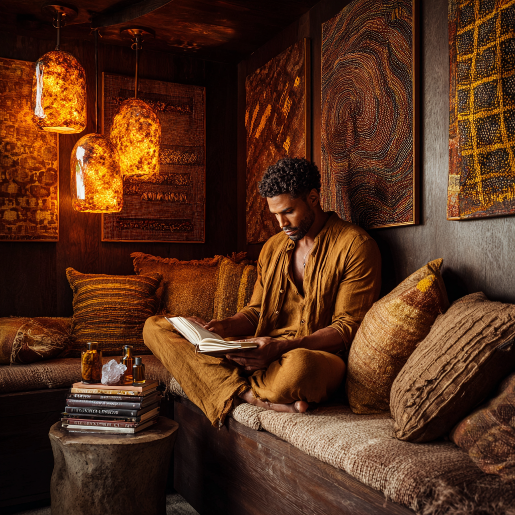 African California Chic reading nook with deep amber lighting and golden highlights, intimate corner space with a built-in wooden bench layered in textured linen cushions in amber and ochre tones, an African American man sitting with focused posture reading, dressed in a cotton-linen blend outfit in solar plexus colors, low warm lighting from amber pendant lamps creating a cocoon-like glow, walls decorated with African textile art in sun-inspired patterns, stack of books beside him, crystals and essential oil bottles on a wooden side table, rich wood tones and earthen textures grounding the space, minimal but intentional decor, atmosphere of introspection, discipline, and inner fire, cinematic lighting, moody yet warm, luxury boho interior