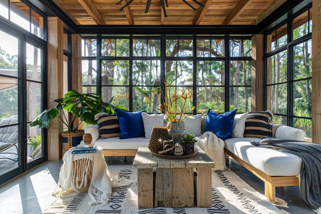 African coastal enclosed long porch transformed into grounded lounge, black metal frame windows, ash gray concrete floors, deep blue throw pillows and draped fabrics, natural wood elements, subtle African tribal textures, indoor-outdoor fusion, filtered sunlight, calm and neutral atmosphere, spatial clarity, sacred geometry influence in layout, minimalist luxury,