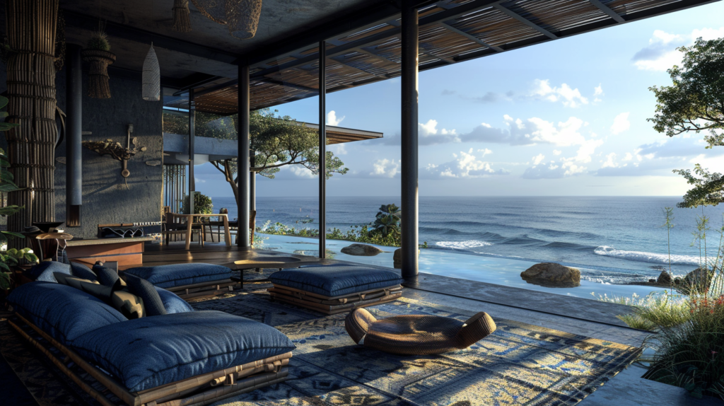 enclosed African coastal veranda facing the ocean, deep blue dominant palette with black structural elements, ash gray textured walls, low seating with layered blue textiles, woven African accents, glass enclosure with panoramic sea view, horizon centered, quiet contemplative mood, sacred stillness, minimal boho luxury, soft shadows, balanced composition, grounded energy, cinematic lighting,