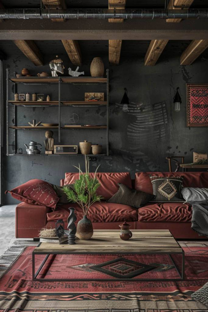 African industrial living room, black matte metal beams, charcoal concrete walls, deep red clay textiles, low structured leather sofa, raw wood coffee table, iron shelving, African mud cloth pillows, sculptural tribal artifacts, soft ambient lighting, grounded minimal layout, powerful and stable energy, African modern industrial fusion, sacred geometry subtly embedded in decor, cinematic shadows, ultra realistic, high detail, 8k
