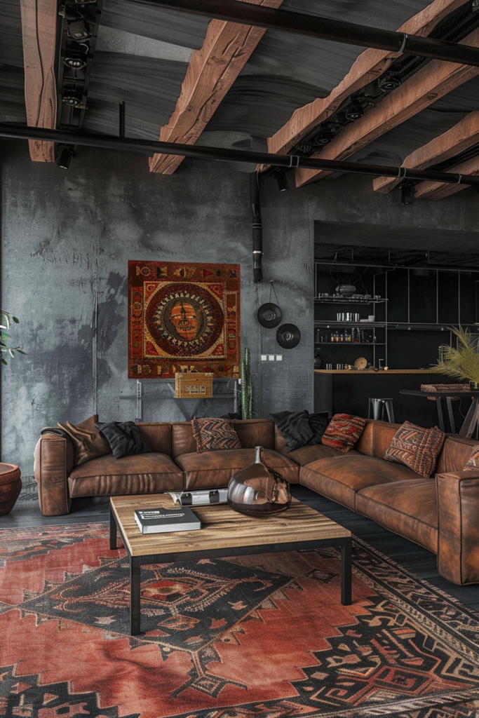 African industrial living room, black matte metal beams, charcoal concrete walls, deep red clay textiles, low structured leather sofa, raw wood coffee table, iron shelving, African mud cloth pillows, sculptural tribal artifacts, soft ambient lighting, grounded minimal layout, powerful and stable energy, African modern industrial fusion, sacred geometry subtly embedded in decor, cinematic shadows, ultra realistic, high detail, 8k
