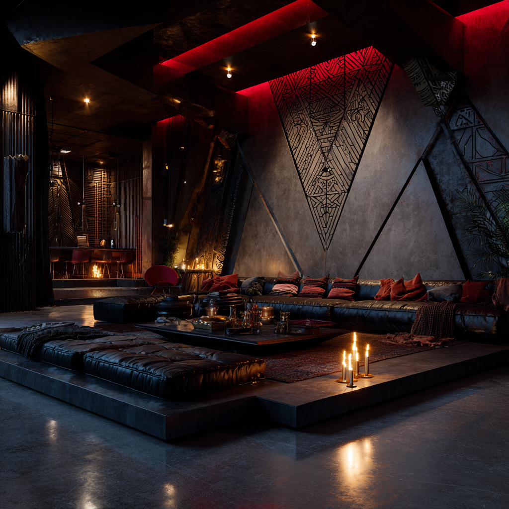 African industrial living room with sacred geometry influence, black and gray structural design, deep red accent lighting, geometric wall patterns inspired by African Egyptian motifs, polished concrete floors, metal and wood fusion furniture, minimal yet powerful layout, energetic symmetry, grounding frequency aesthetic, high contrast lighting, modern African spiritual interior, ultra detailed, cinematic, 8k