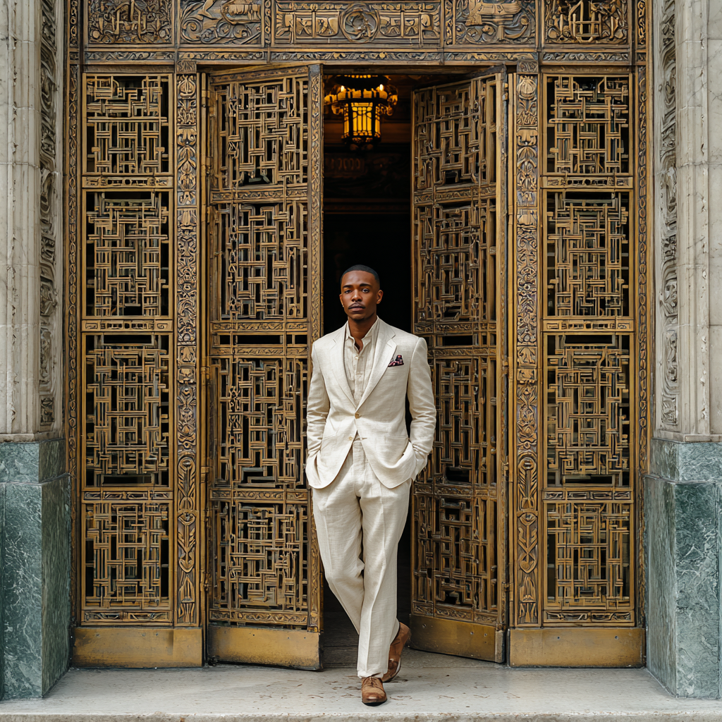 An African American man stands poised before a monumental gate, dressed in a tailored linen suit--clean, structured, and elegant. The tones are refined and grounded: soft ivory, warm sand, and subtle gold accents, with a hint of deep indigo in a pocket square--suggesting integrated chakra alignment rather than display. His posture is calm and upright. He is not reaching. He is not knocking. He is simply present. The gate before him is now slightly opening--just enough to reveal a radiant interior. The structure is massive and intricate, built from black stone, burnished gold, and carved wood, etched with African-Egyptian sacred geometry: Ankhs woven into lattice patterns Lotus motifs unfolding along vertical lines Fractal symmetry forming interlocking grids Subtle 18-layer segmentation embedded into the architecture A beam of multi-layered light spills through the opening--soft gradients of red, orange, gold, green, blue, indigo, violet, and iridescent white--representing the unified chakra system beyond the threshold. Inside the gate, only a glimpse is visible: A luminous corridor of ascending chambers… hinting at the "many mansions" beyond. At the entrance stand two carved pillars (posts), inscribed with sacred symbols, glowing faintly as if acknowledging his presence. The man stands just before them--not crossing yet--but clearly recognized. The ground beneath him is patterned in cube-based sacred geometry, anchoring the scene in stability and Earth Star alignment. The atmosphere is still, reverent, and charged: A soft golden light surrounds him from behind The sky above transitions from warm dawn gold to deep indigo The air feels alive with quiet intelligence No force. No urgency. Only this moment: The gate responding. The threshold recognizing. Access beginning. The emotional tone is: Earned entry • Divine timing • Alignment rewarded • Threshold intelligence • Initiation into the next mansion