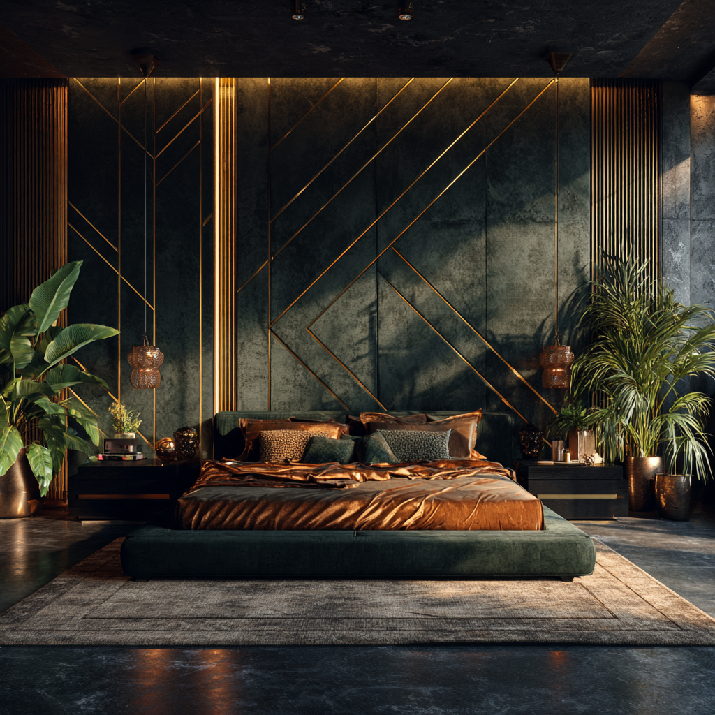 African Art Deco bedroom, dark green velvet accent wall, matte black geometric bed frame with gold trim, rust-colored silk and linen bedding, layered textures, symmetrical design, African-Egyptian sacred geometry patterns subtly embedded in wall panels, polished black stone floor, warm ambient lighting, bronze and copper decor accents, large tropical plants, cinematic shadows, ultra-luxury interior, high contrast lighting, editorial magazine style, 4k, hyper-realistic