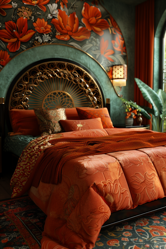 luxury African Art Deco bedroom with sacred geometry headboard, black lacquer furniture, deep forest green walls, rust and terracotta textiles, gold geometric inlays inspired by African-Egyptian design, symmetrical layout, soft glowing ambient lighting, layered rugs, minimalist but powerful composition, grounding earthy tones, spiritual interior design, high-end decor photography, moody lighting, depth and shadow, ultra detailed