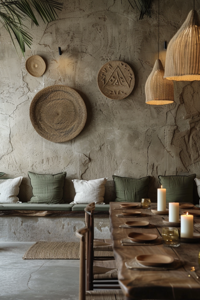 minimalist African traditional dining room, brown-gray stone floor, matte textured walls, dull green cushions on wooden chairs, faded gold accents in aged metal dishes and candle holders, low wooden dining table, soft diffused lighting, shadow-rich environment, natural materials only (wood, clay, linen), subtle African sacred geometry wall carvings, indoor plants with dusty green leaves, serene, quiet, grounded energy, no clutter, no gloss, earthy palette, high-end interior design photography, photorealistic