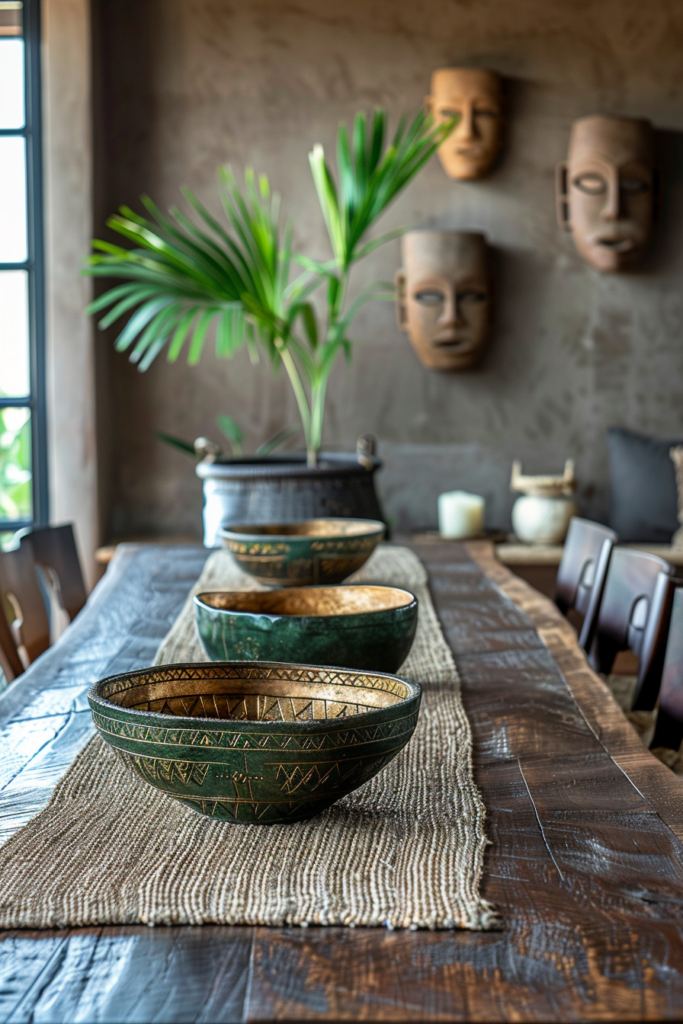 African traditional dining room interior, large solid dark wood dining table with hand-carved tribal detailing, low grounded seating, brown-gray earthen plaster walls, dull green woven textiles, faded gold ceremonial bowls as centerpiece, clay pottery, ancestral masks on wall, soft natural light filtering through woven shades, raw linen table runner, indoor plants with muted green tones, African-Egyptian sacred geometry subtly carved into wood, grounded, heavy, timeless atmosphere, no modern elements, ultra-realistic, cinematic lighting, 8k, editorial interior photography