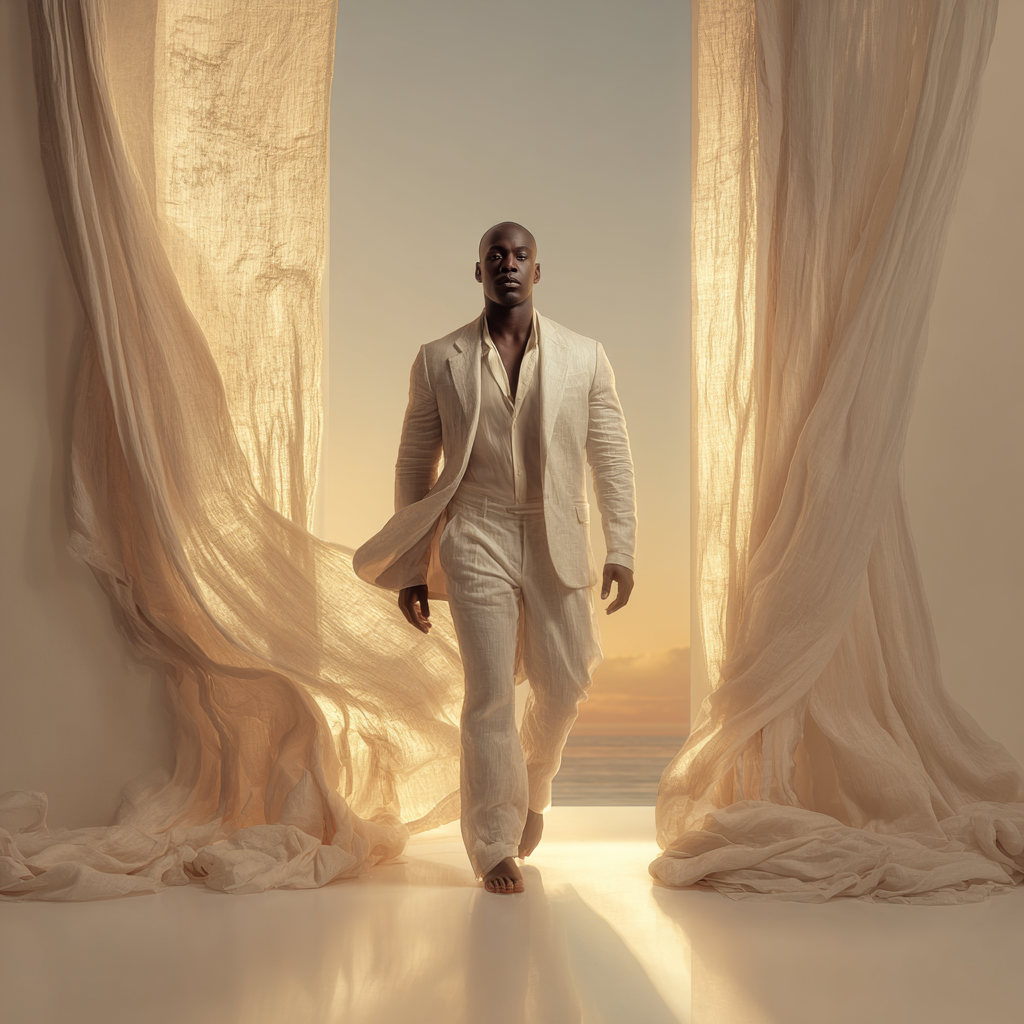 An African American man steps forward through the now-open gate, one foot crossing the threshold, the other still grounded behind him--capturing the exact moment between worlds. He is dressed in a refined linen suit, now subtly illuminated--its fibers catching light as if woven with gold thread. The tones remain elegant and grounded (ivory, sand, soft gold), but now reflect the environment--hinting that he is becoming one with the space he is entering. The gate is fully open, towering behind him, its African-Egyptian sacred geometry glowing with life: Ankhs radiate soft golden light Lotus patterns unfold along the door edges Fractal geometries pulse in quiet symmetry The 18-fold architectural layering is now more visible, suggesting deeper chambers beyond As he crosses, the threshold itself is alive: A luminous boundary of light--subtle but unmistakable--runs along the ground and rises slightly like a veil parting. As his foot passes through it, the light responds, gently rippling outward. Inside, the environment transforms: He is entering a vast inner corridor of ascending mansions, each chamber stacked in sacred vertical alignment, glowing in harmonized chakra colors