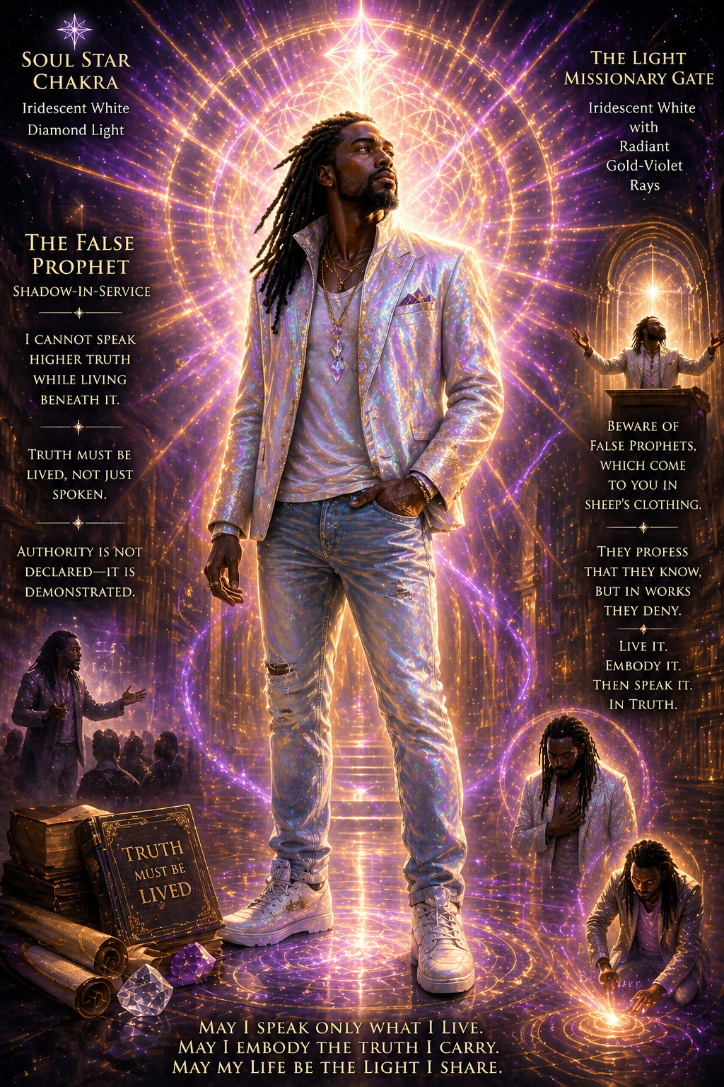 The False Prophet — Shadow-in-Service Persona as an African American man wearing jeans and a raw silk jacket in soul star chakra colors: Iridescent White / Diamond Light with radiant gold-violet rays