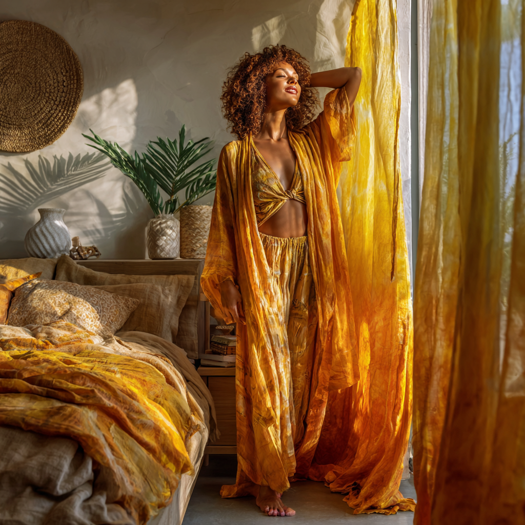 bright African Contemporary bedroom filled with natural sunlight, golden yellow tones softly blending into amber gradients across linen bedding and curtains, an African American woman standing near the bed stretching in the morning light, wearing a flowing silk robe in soft gold tones, sheer curtains allowing sunlight to diffuse gently through the room, light wood furniture and clean minimal design, woven decor and plants creating a biophilic feel, neatly styled bedside table with books, crystals, and essential oils, airy and spacious layout, atmosphere of renewal, confidence, and ease, ultra-bright, soft glow, high-end lifestyle