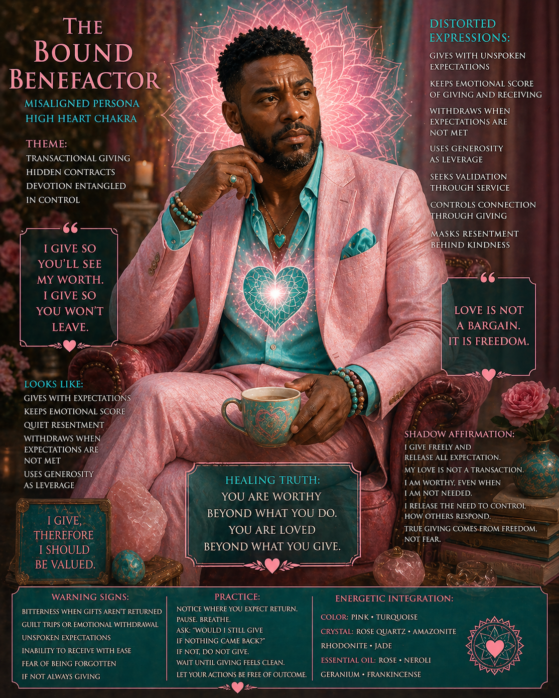 The benefactor: transactional giving and healing as an African American man in natural fabric clothing in high heart colors