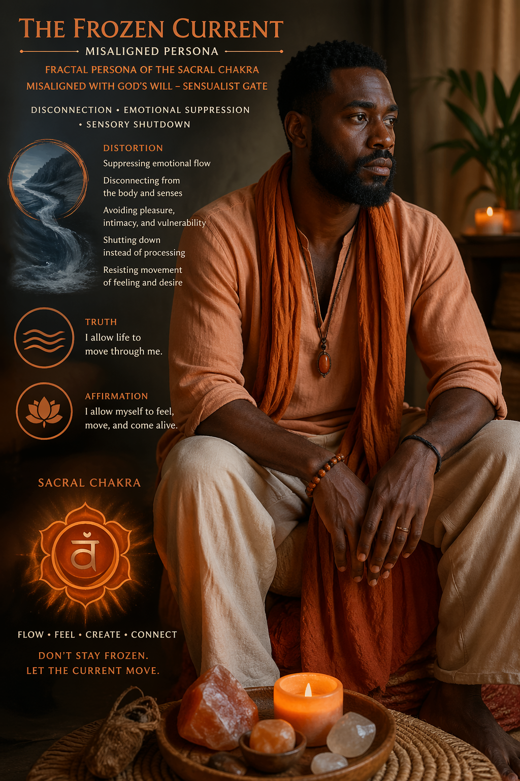frozen current misaligned persona, sacral chakra, an African American man dressed in natural fabric clothing in Sacral Chakra colors