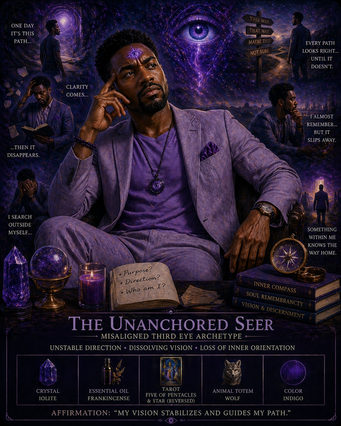 Unanchored Seer – Misaligned Persona as an African American man in a leisure suit made of linen, with a cotton t-shirt in third eye chakra colors