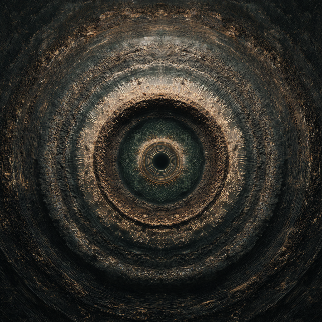 
Abstract visualization of Earth Star Chakra music as a dense low-frequency field, deep bass waves moving through dark soil and stone, concentric vibration rings spreading outward like cymatics in earth textures, heavy grounded energy, black, deep green, iron brown, muted gold tones, thick atmospheric density, slow pulsing rhythm made visible, minimal light, weight and gravity emphasized, no human figures, sacred geometry subtly embedded (cube forms dissolving into earth), cinematic lighting, ultra-detailed, volumetric shadows, 8k, pinterest viral aesthetic, luxury minimal, grounded and powerful