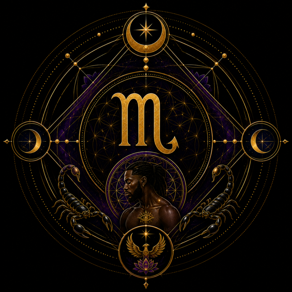 Scorpio cosmic sigil with celestial guardians