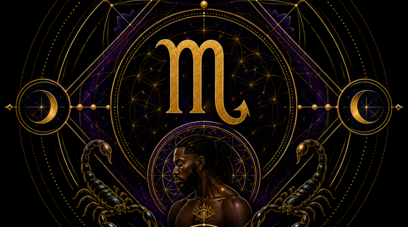Scorpio cosmic sigil with celestial guardians