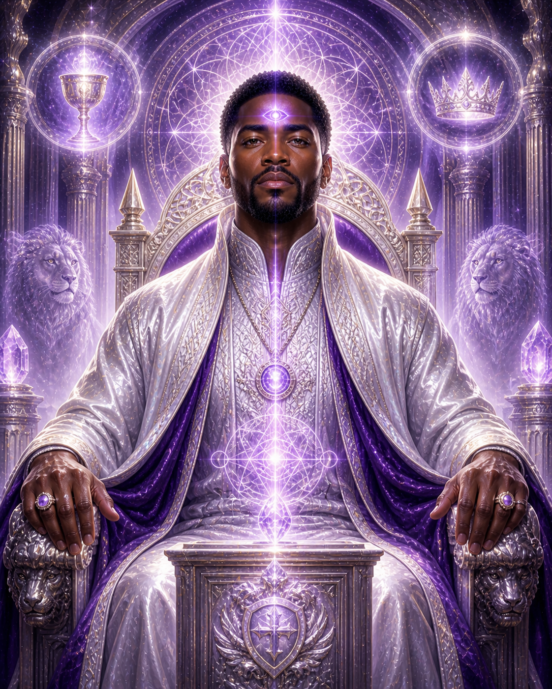 The Throne Keeper as an African American man in Veil chakra colors: Platinum White, Violet